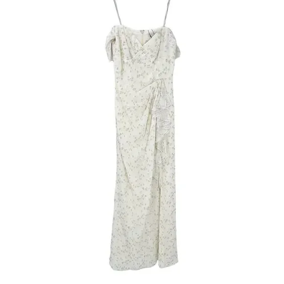 ML MONIQUE LHUILLIER Women's Off-the-Shoulder Metallic Chiffon Gown Beige 4 NWT